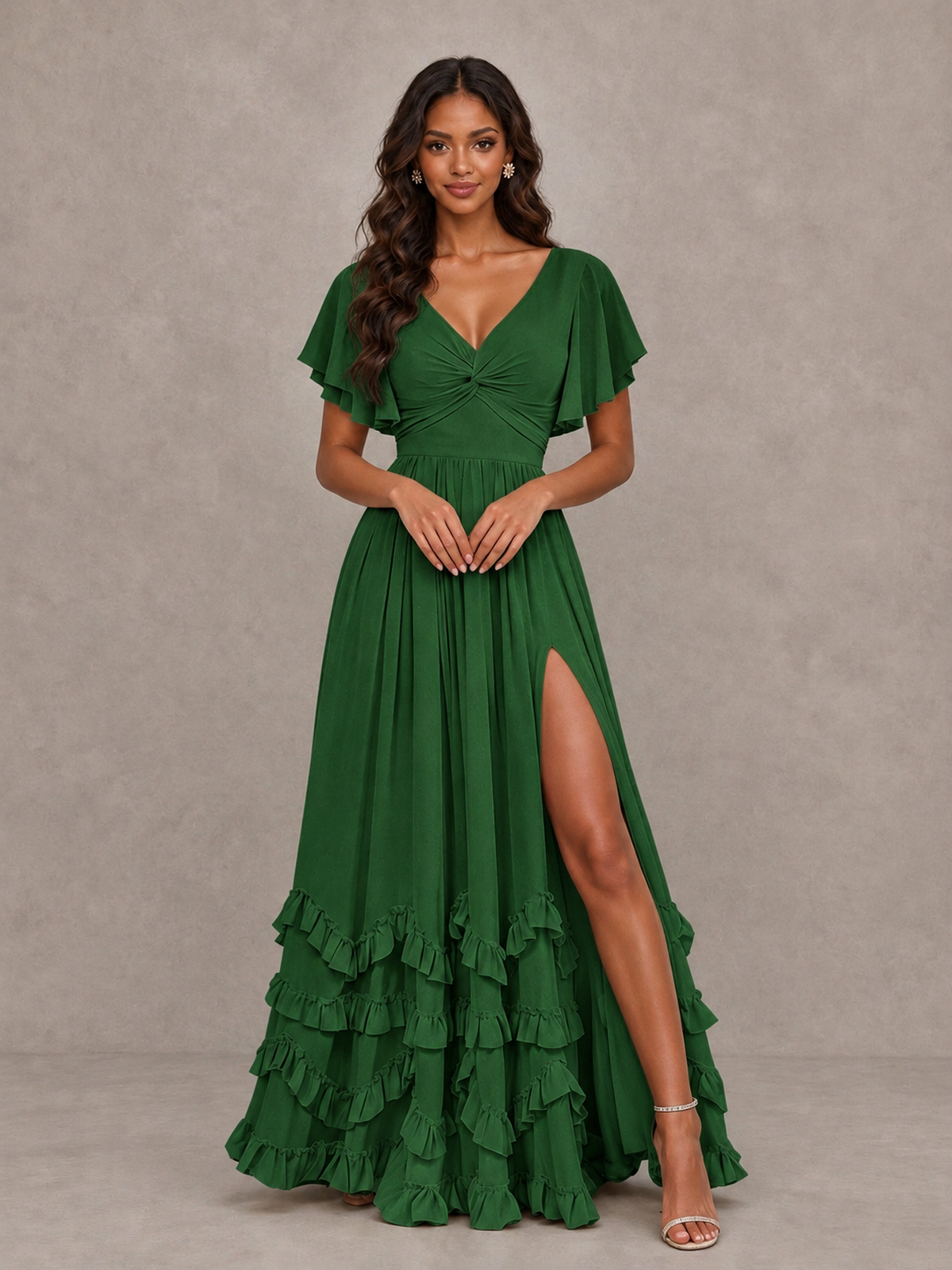 BOLODOO Emerald Green V-Neck Flutter Sleeve Ruffle Bridesmaid Dress with Slit - Emerald Green - Emerald Green (4)