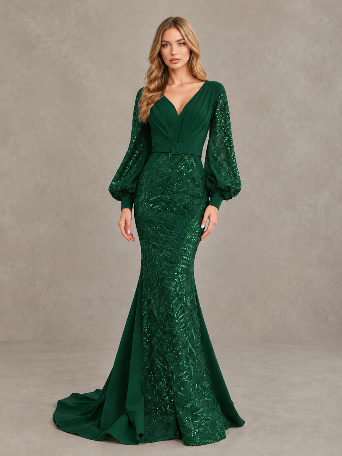 BOLODOO Emerald Green Sequin Long Bishop Sleeve Mermaid Evening Dress - Emerald Green - Emerald Green (4)
