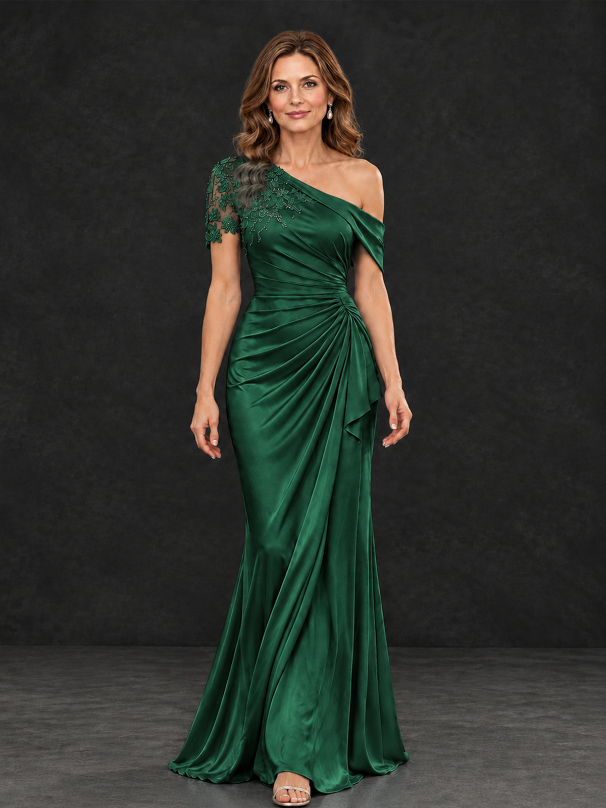 BOLODOO Emerald Green Asymmetric Satin Mother of the Bride Dress with Lace Sleeve - Emerald Green - Emerald Green (4)
