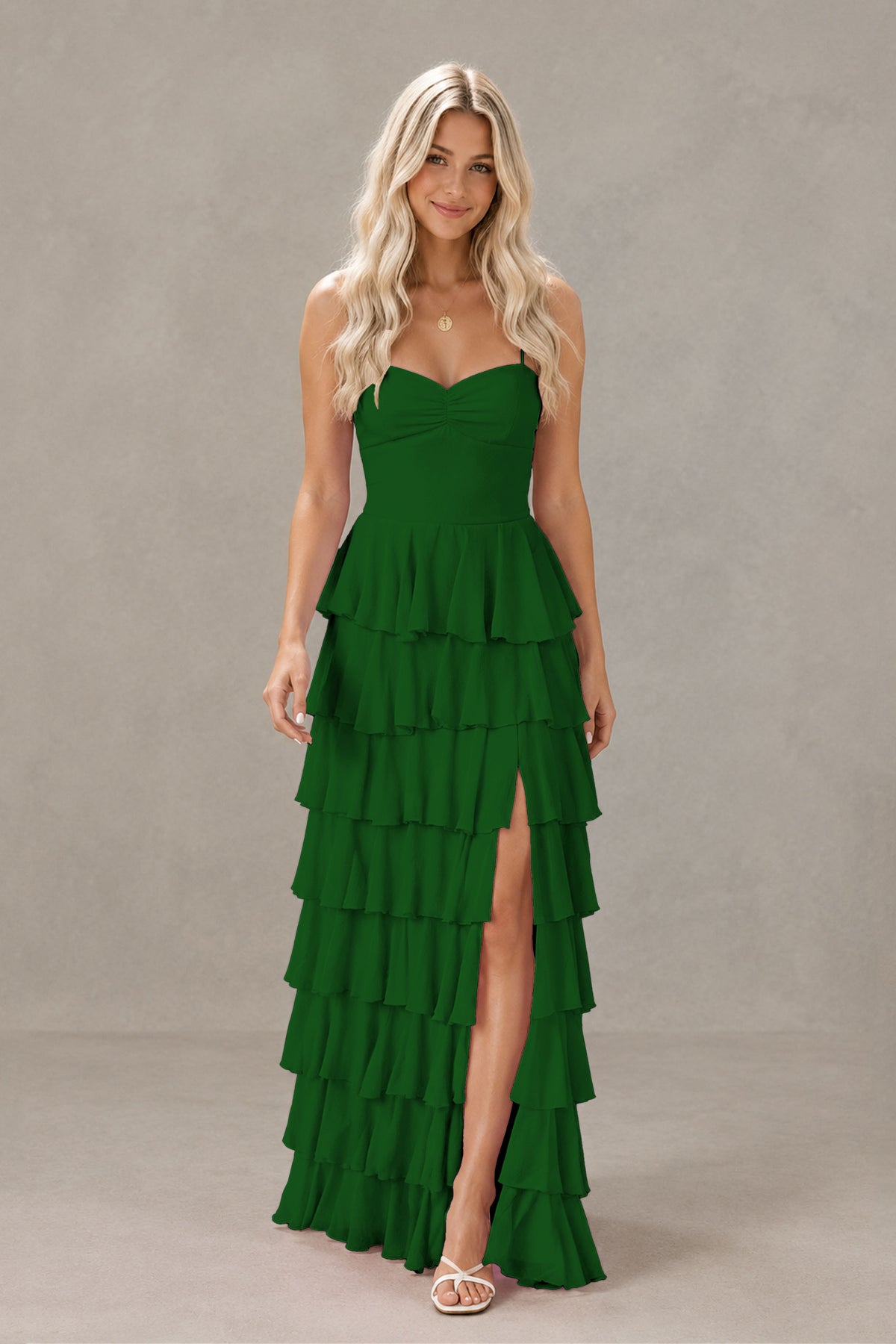 BOLODOO Emerald Green Strapless Tiered Ruffle Maxi Dress with Slit & Lace-Up Back - Emerald Green