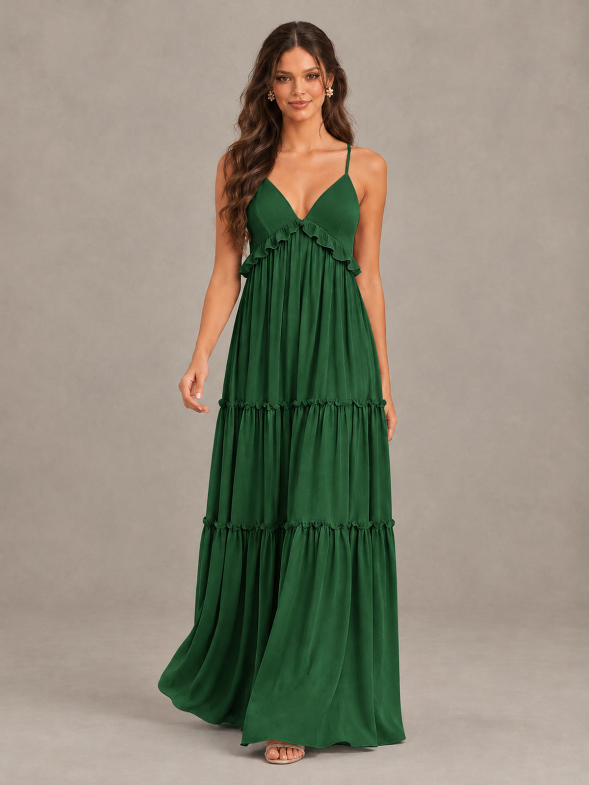 BOLODOO Emerald Green Tiered V-Neck Lace-Up Back Bridesmaid Dress - Emerald Green - Emerald Green (4)