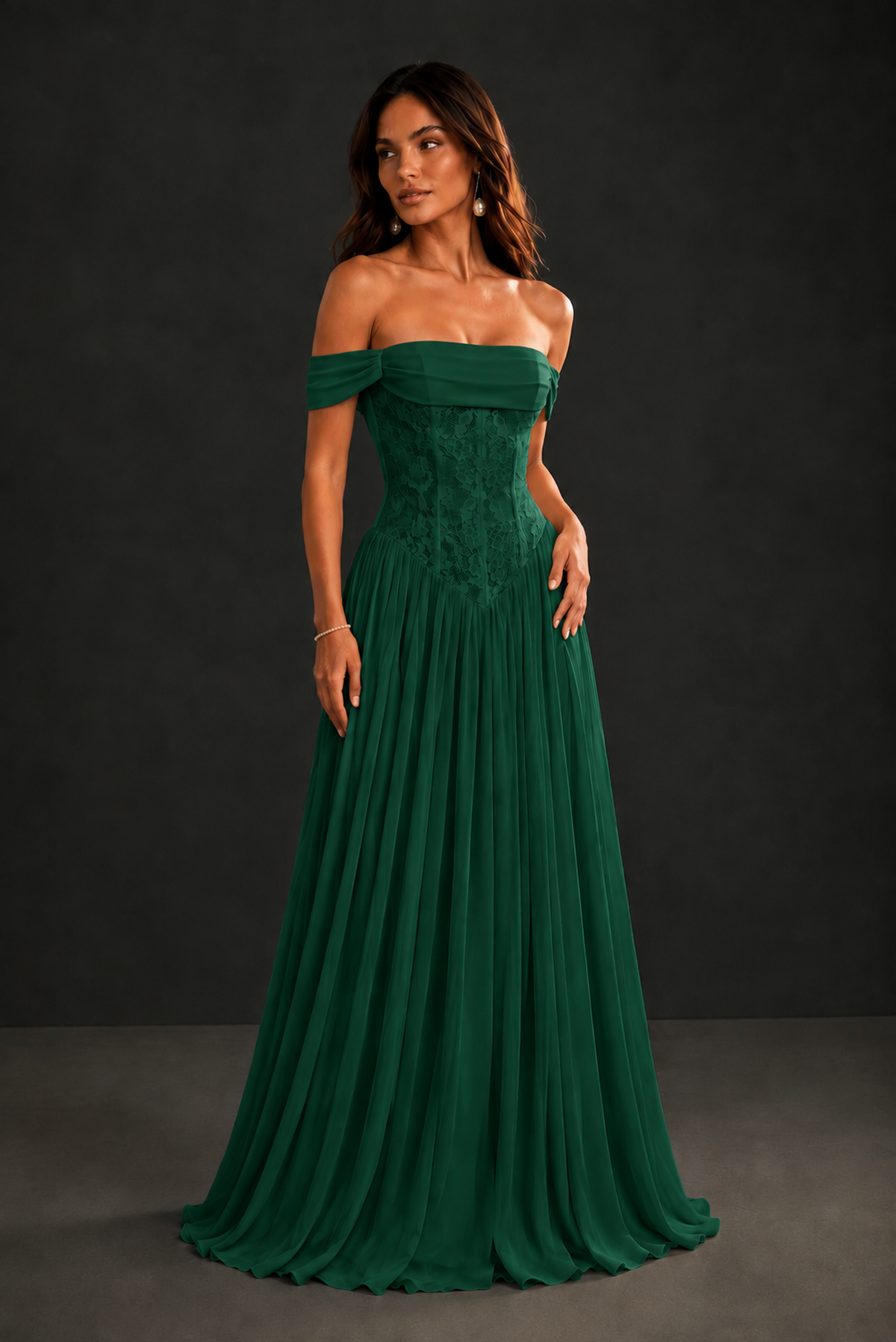 BOLODOO Emerald Green Off-Shoulder Lace Corset Tulle Maxi Dress - Emerald Green