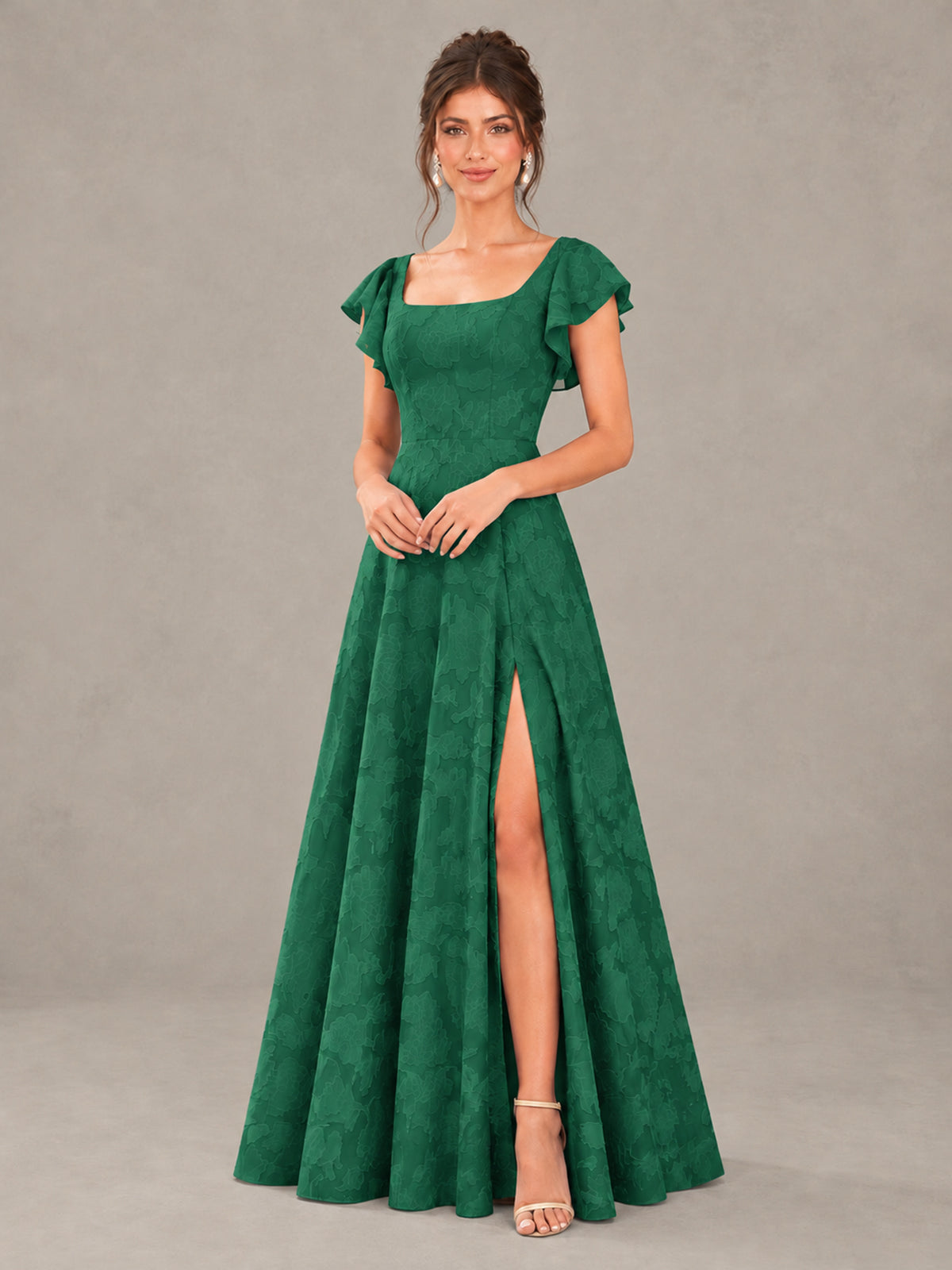 BOLODOO Emerald Green Floral Flutter Sleeve Bridesmaid Dress with Slit - Emerald Green - Emerald Green (4)