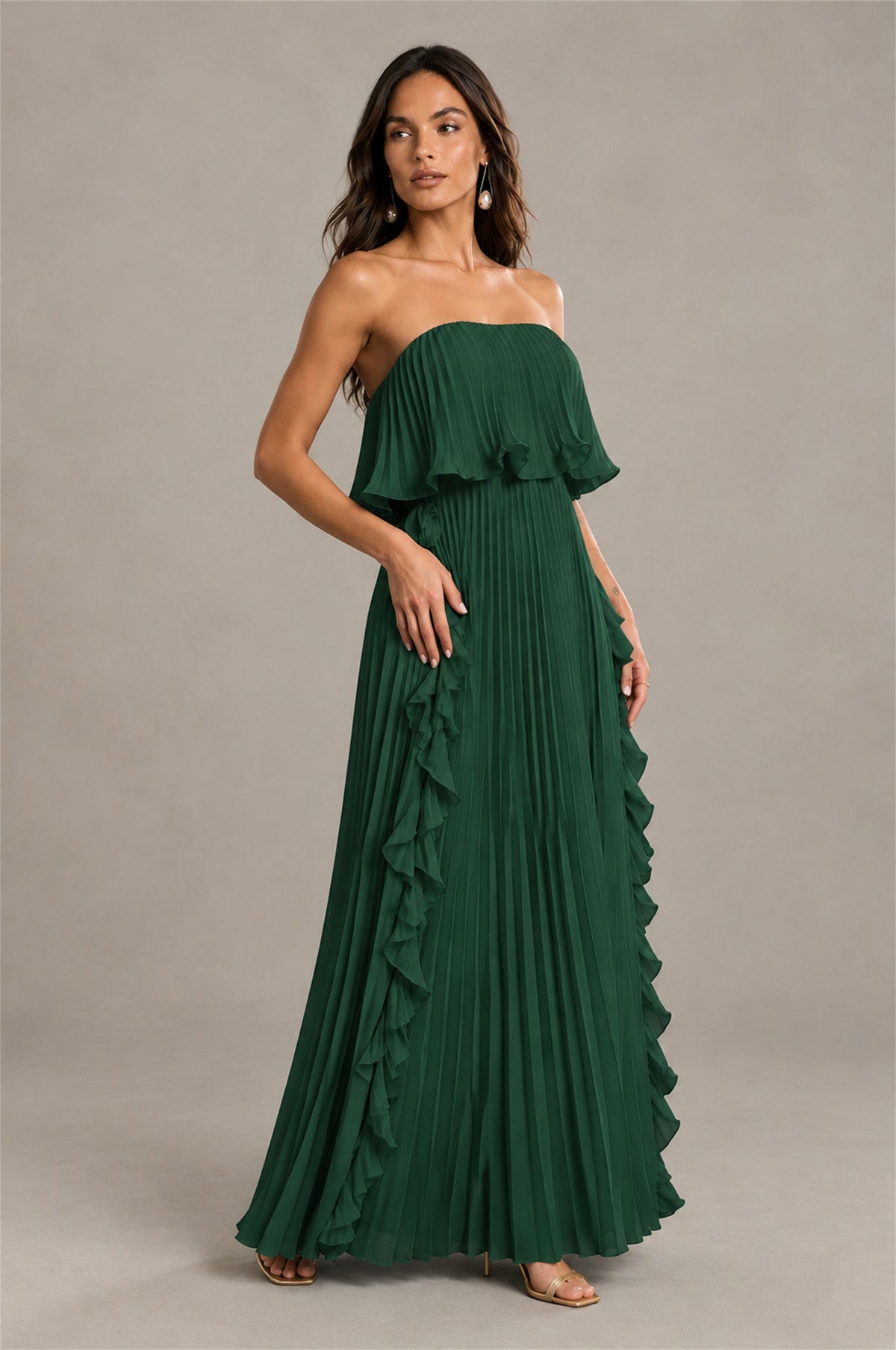 BOLODOO Emerald Green Strapless Ruffle Bodice Dual Cascading Ruffle Accordion Pleated Chiffon Maxi Dress - Emerald Green