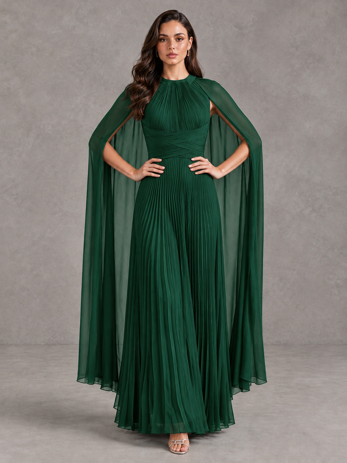 BOLODOO Emerald Green Pleated Cape Maxi Wedding Guest Dress - Emerald Green - Emerald Green (4)