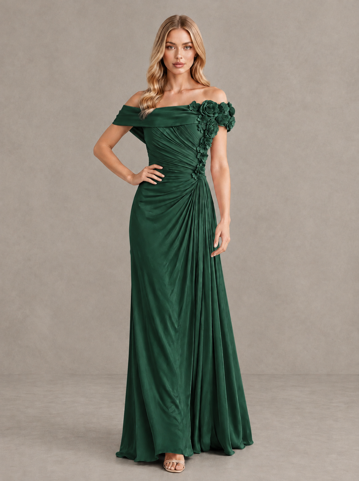 BOLODOO Emerald Green Off-Shoulder Floral Applique Wedding Guest Maxi Dress - Emerald Green - Emerald Green (4)