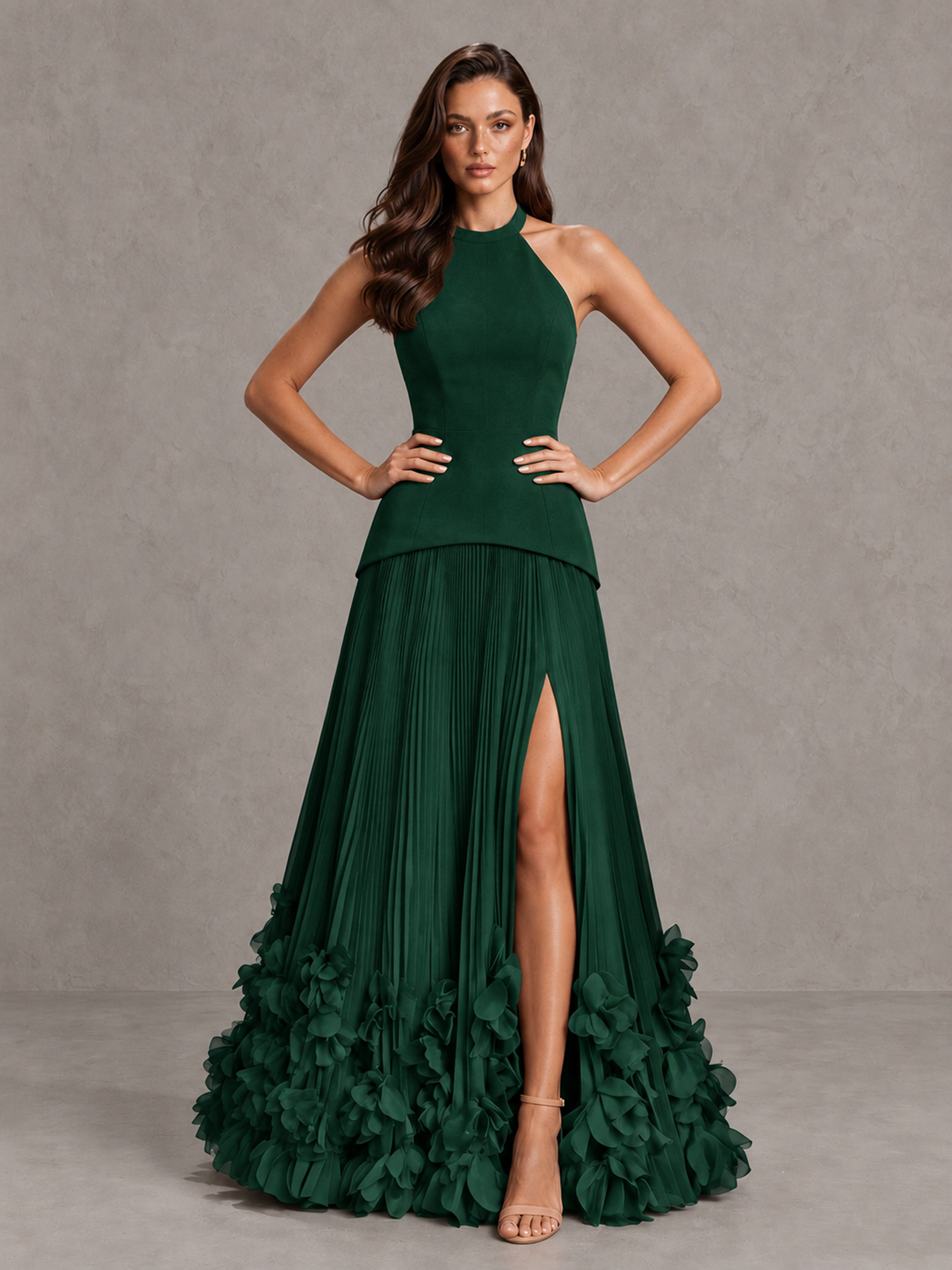 BOLODOO Emerald Green Halter Neck Floor-Length Evening Gown with High Slit & 3D Floral Hem - Emerald Green - Emerald Green (4)