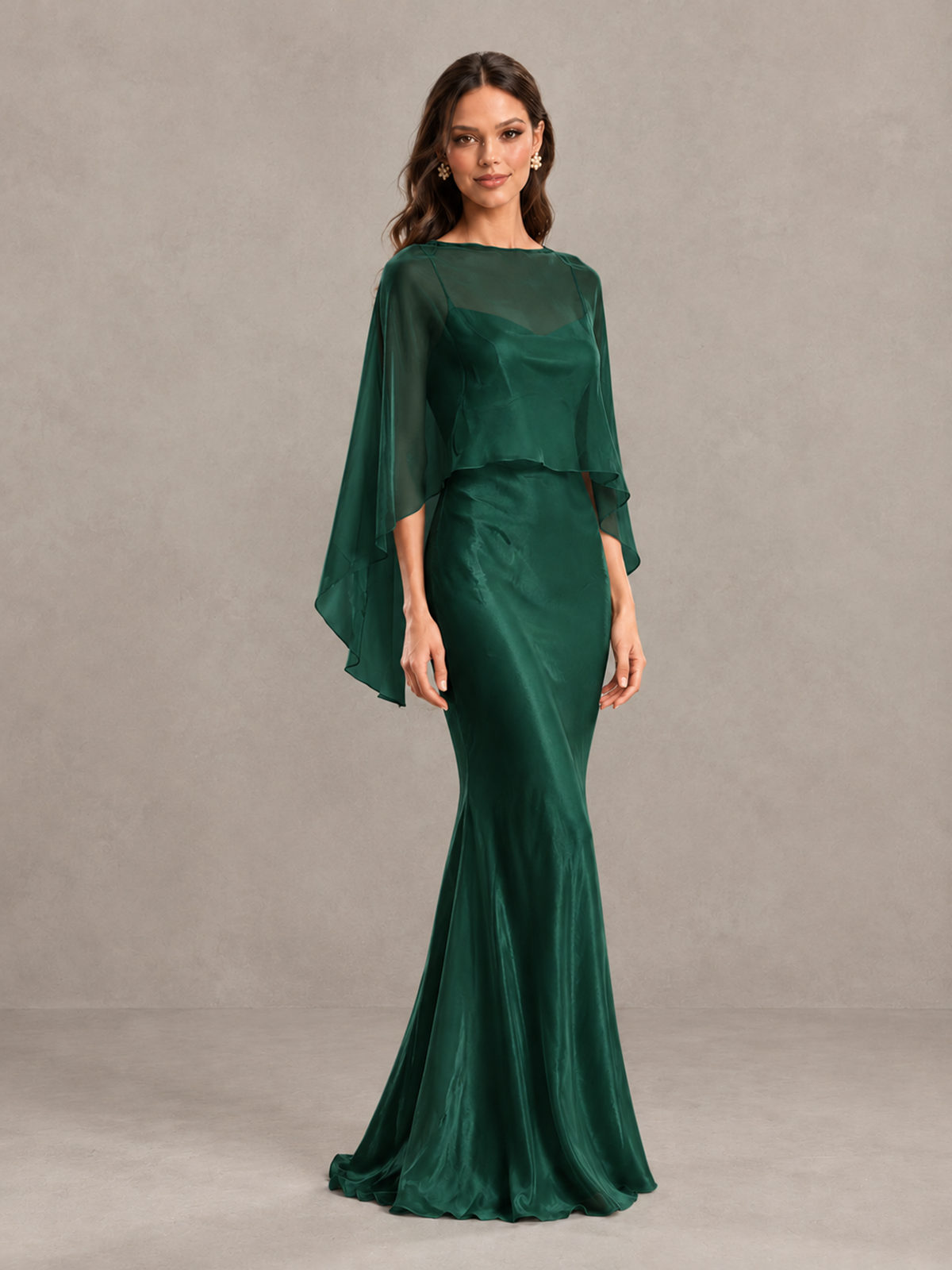 BOLODOO Emerald Green Satin Mermaid Bridesmaid Dress with Chiffon Cape - Emerald Green - Emerald Green (4)