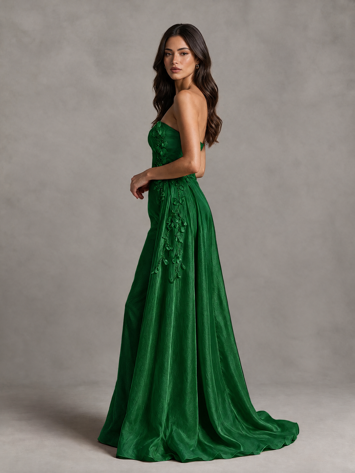 BOLODOO Emerald Green Strapless Floral Applique Prom Dress with Overskirt - Emerald Green - Emerald Green (4)