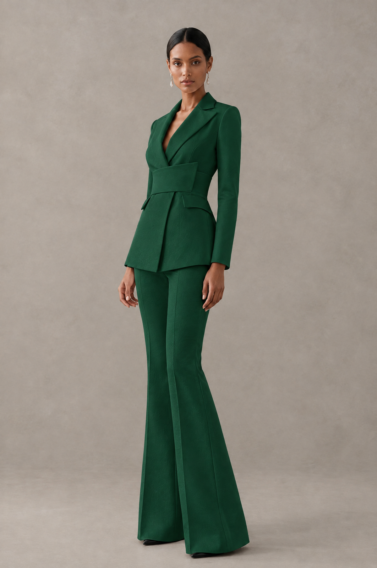 BOLODOO Emerald Green Two-Piece Pantsuit with Tailored Blazer & Flared Pants - Emerald Green - Emerald Green (4)