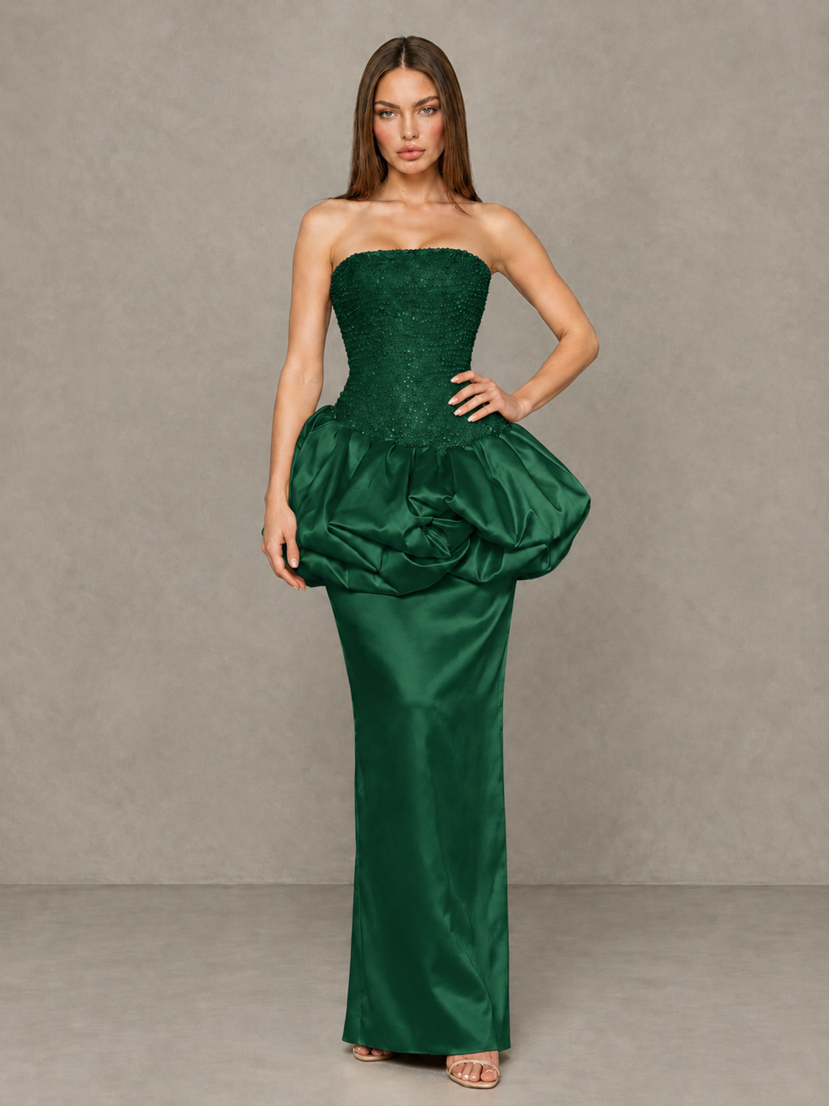 BOLODOO Emerald Green Strapless Embellished Bubble Peplum Evening Dress - Emerald Green - Emerald Green (4)