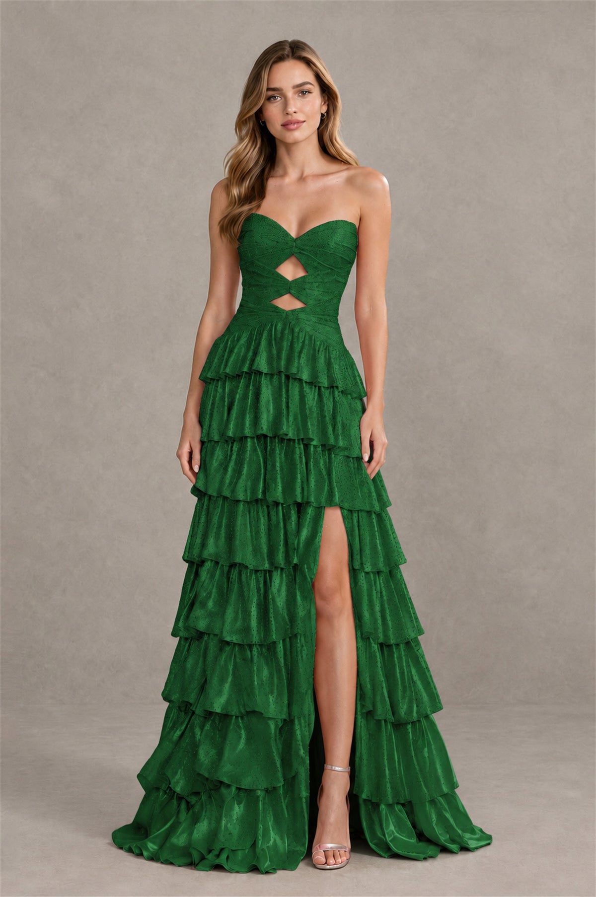 BOLODOO Emerald Green Strapless Cutout Tiered Ruffle Prom Dress with High Slit - Emerald Green - Emerald Green (4)