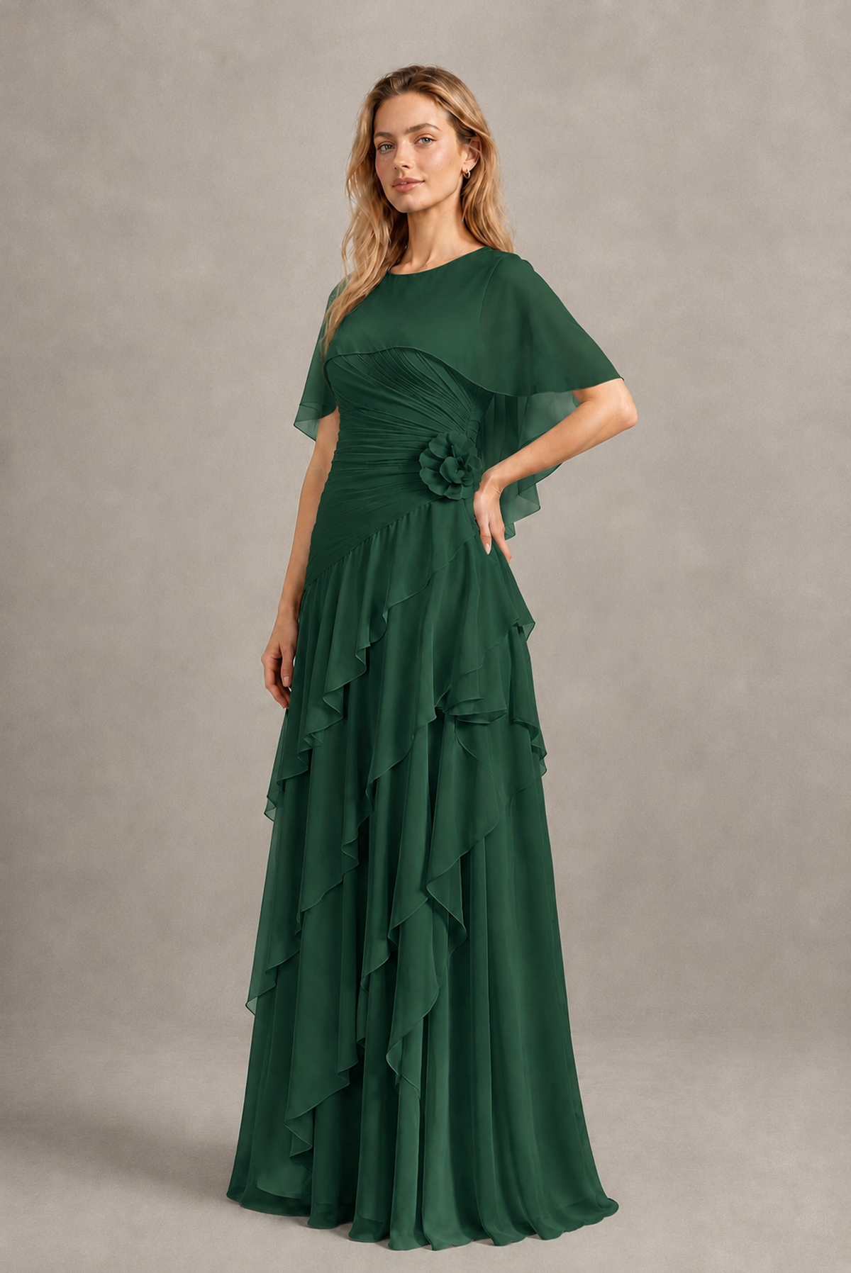 BOLODOO Emerald Green Chiffon Flutter Sleeve Tiered Maxi Dress with 3D Rosette - Emerald Green