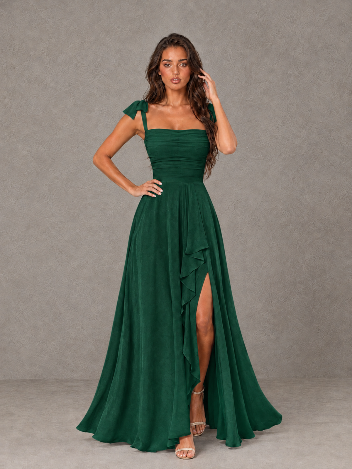 BOLODOO Emerald Green Bow-Strap Bridesmaid Dress with Ruffle Slit - Emerald Green - Emerald Green (4)