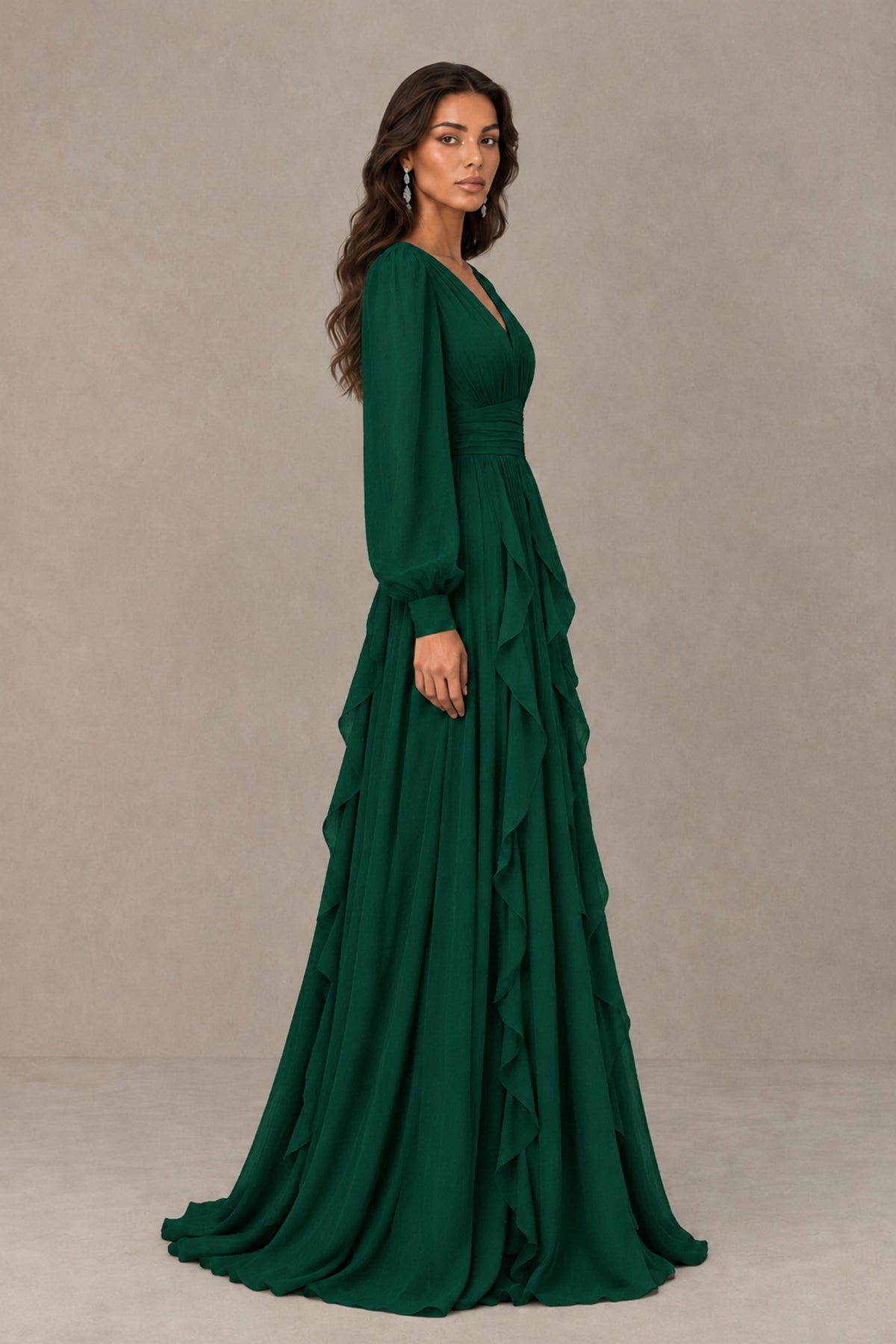 BOLODOO Emerald Green Long Sleeve V-Neck Ruffle Maxi Dress - Emerald Green - Emerald Green (4)