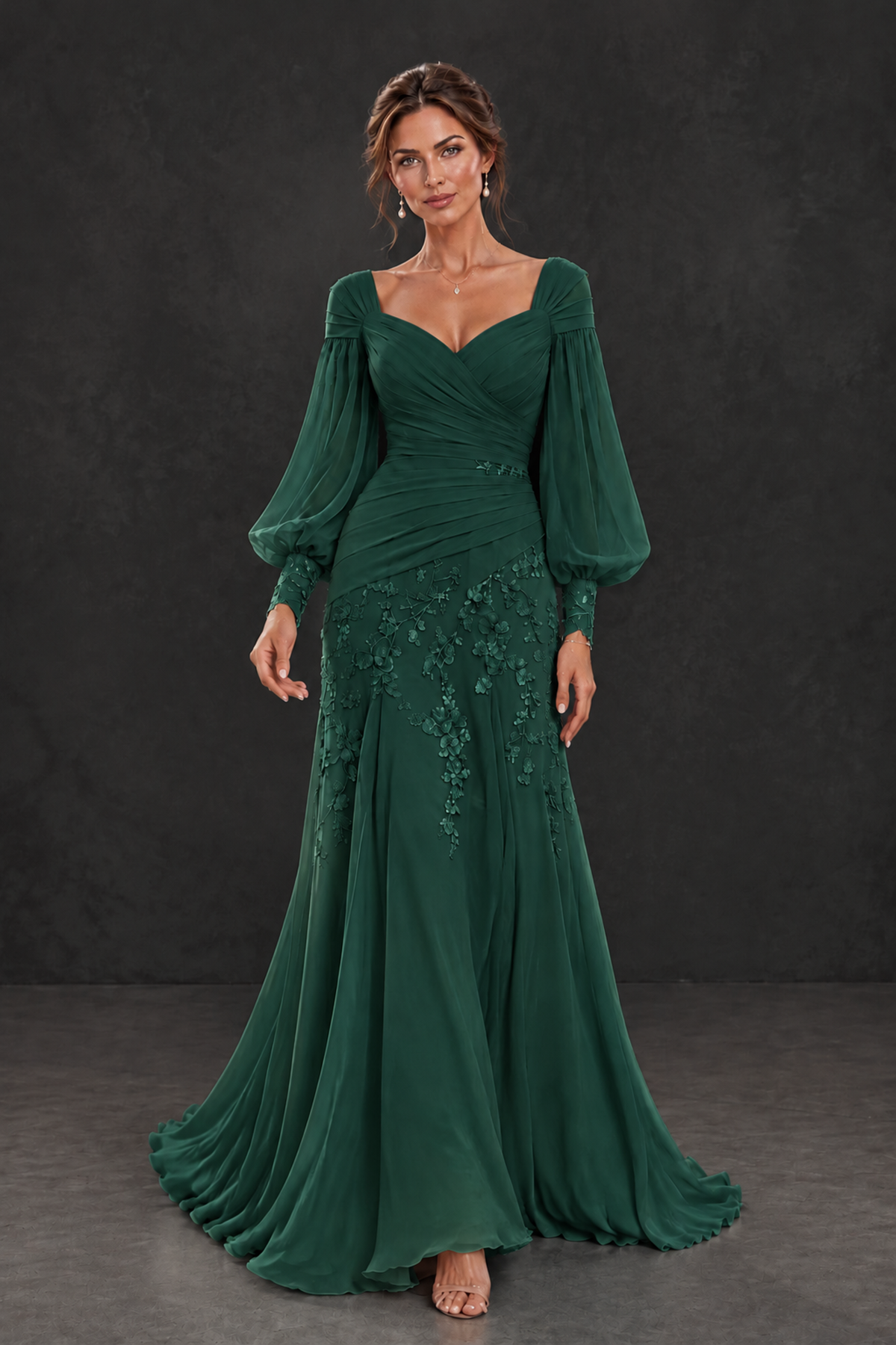 BOLODOO Emerald Green Long Sleeve Mother of the Bride Dress with Floral Appliqués - Emerald Green - Emerald Green (4)
