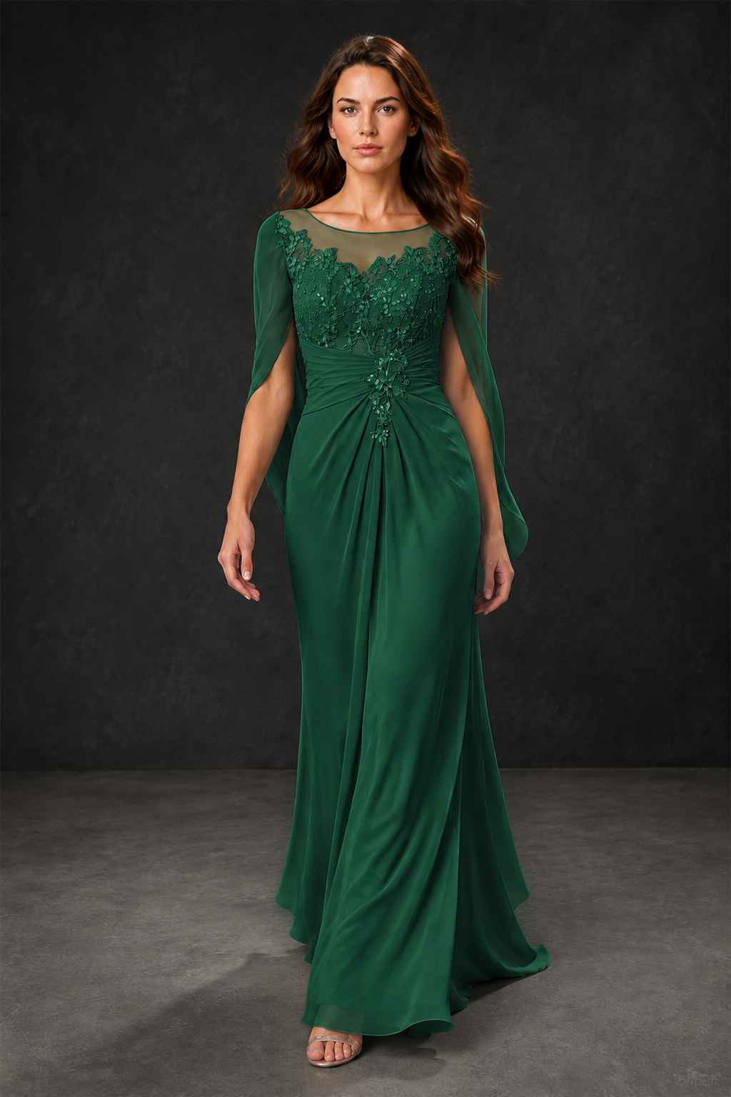 BOLODOO Emerald Green Illusion Lace One-Side Cape Sleeve Beaded Chiffon Floor Length Gown | Mother of the Bride Evening Dress - Emerald Green
