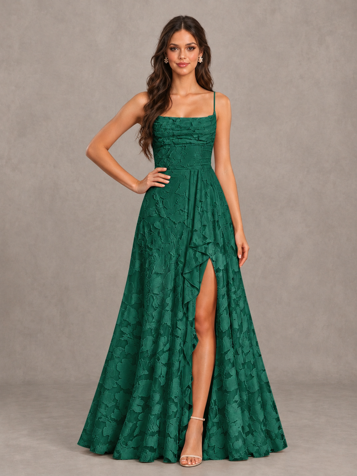 BOLODOO Emerald Green Floral Appliqué Slit Maxi Dress - Emerald Green - Emerald Green (4)