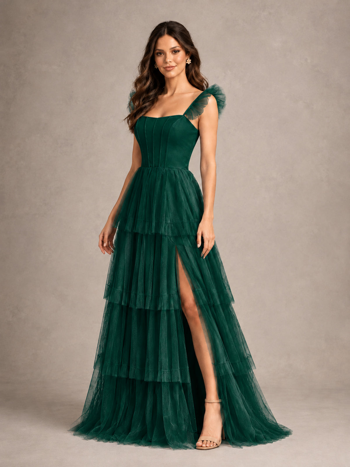 BOLODOO Emerald Green Tiered Tulle Bridesmaid Dress with Slit - Emerald Green - Emerald Green (4)