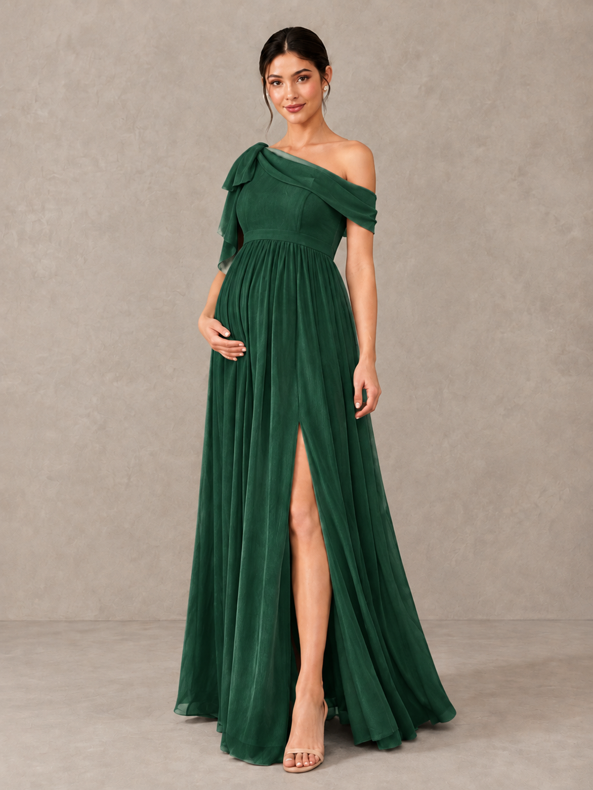 BOLODOO Emerald Green One-Shoulder Maternity Bridesmaid Dress with Slit - Emerald Green - Emerald Green (4)