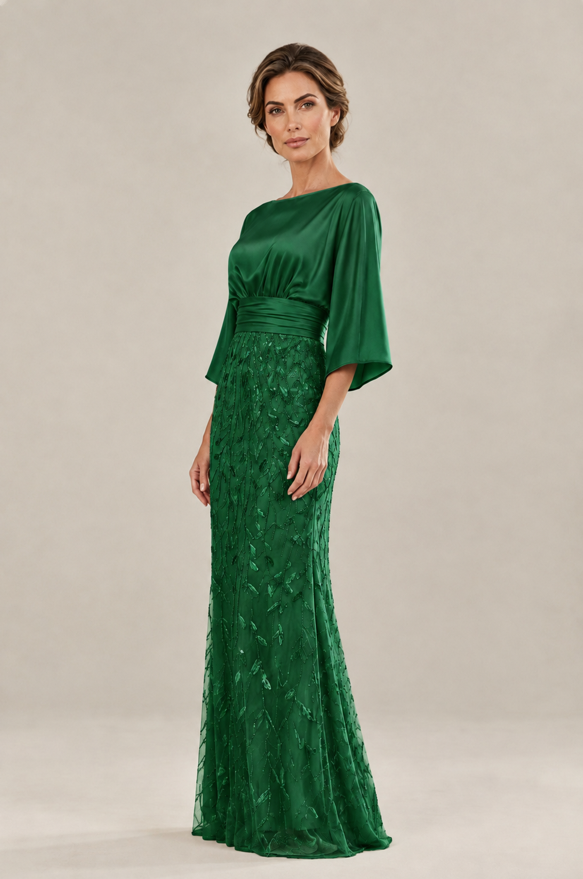 BOLODOO Emerald Green Mother of the Bride Dress with Kimono Sleeves, Satin Bodice & Sequin Embroidered Mermaid Floor-Length Gown - Emerald Green - Emerald Green (4)