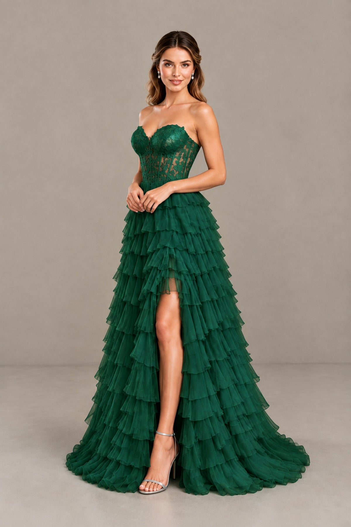 BOLODOO Emerald Green Strapless Lace Corset Tiered Ruffle Prom Dress with Slit - Emerald Green - Emerald Green (4)