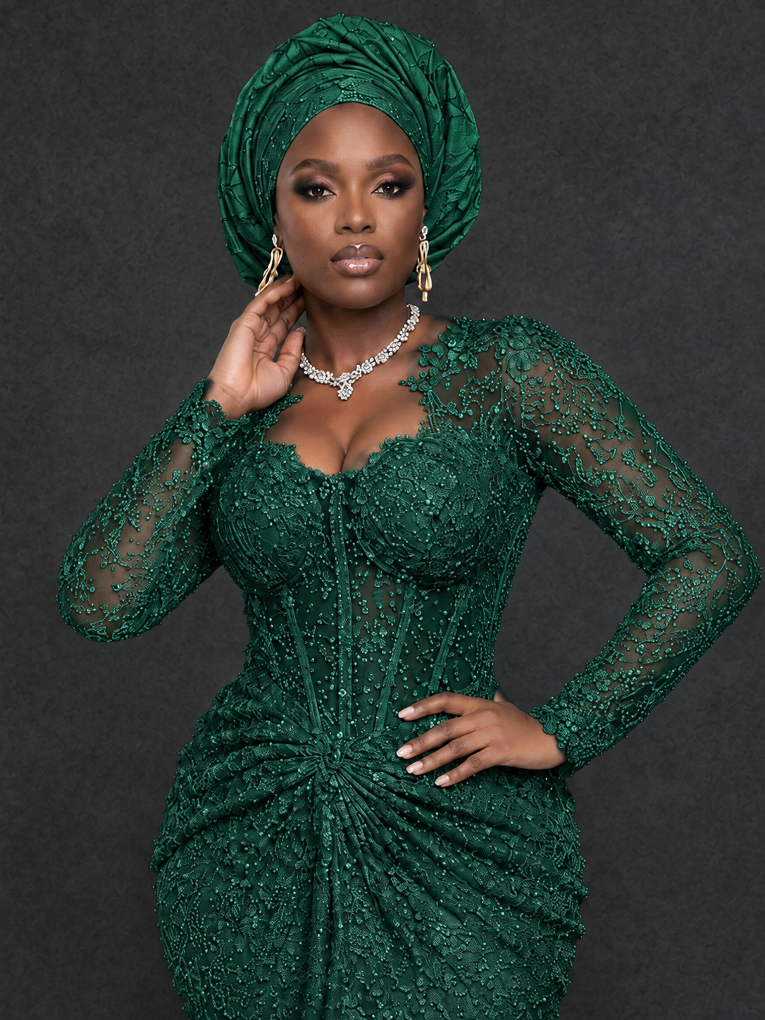 BOLODOO Emerald Green Beaded Lace Long Sleeve Mermaid Gown Sweetheart | Mother of the Bride - Emerald Green