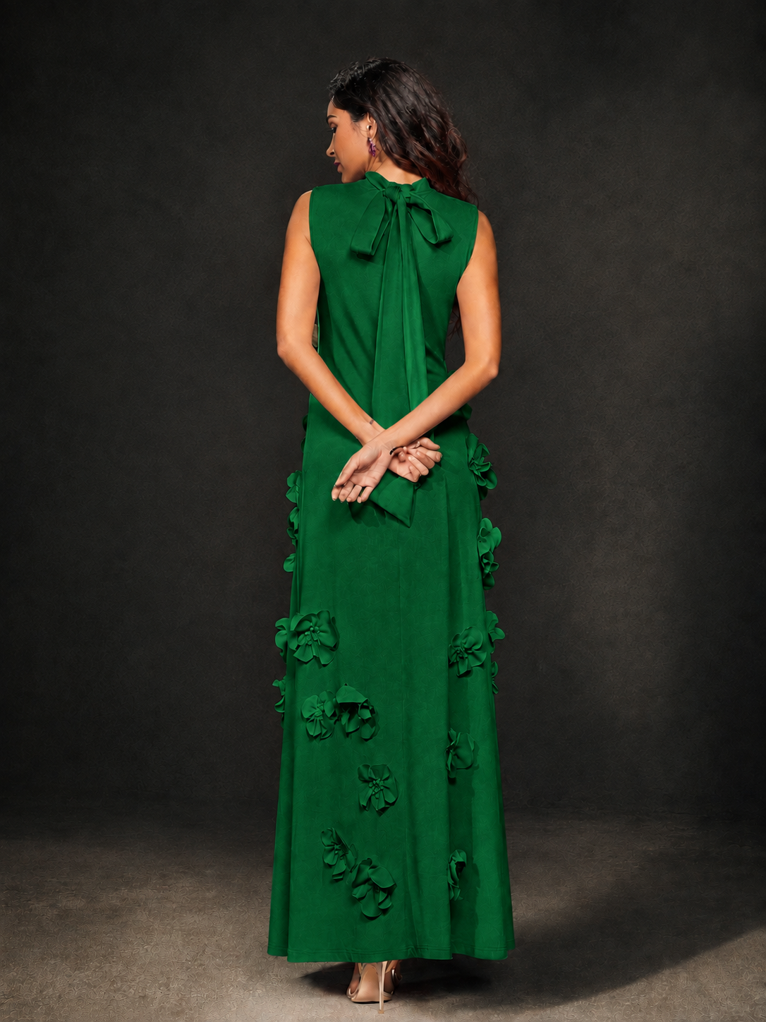BOLODOO Emerald Green Mock Neck Sleeveless 3D Floral Appliqué Maxi Dress with Bow Back - Emerald Green