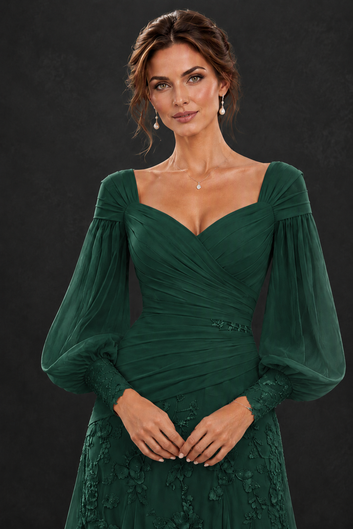 BOLODOO Emerald Green Long Sleeve Mother of the Bride Dress with Floral Appliqués - Emerald Green - Emerald Green (5)