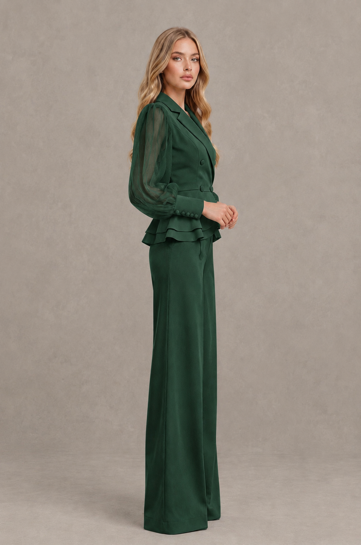 BOLODOO Mint Emerald Green Peplum Blazer Wide-Leg Pantsuit with Sheer Puff Sleeves - Emerald Green