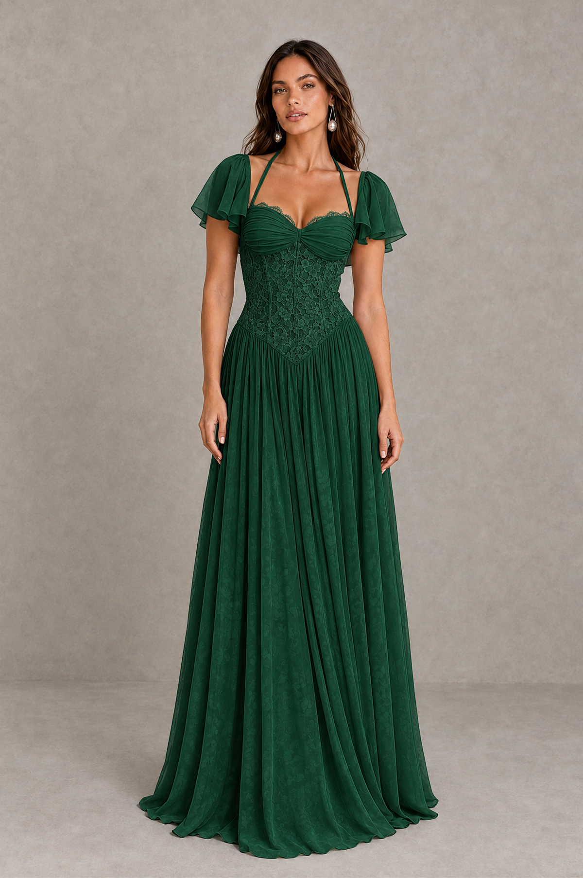 BOLODOO Emerald Green Flutter Sleeve Lace Corset A-Line Maxi Dress 