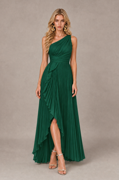 BOLODOO Emerald Green One-Shoulder High-Low Ruffle Maxi Dress 