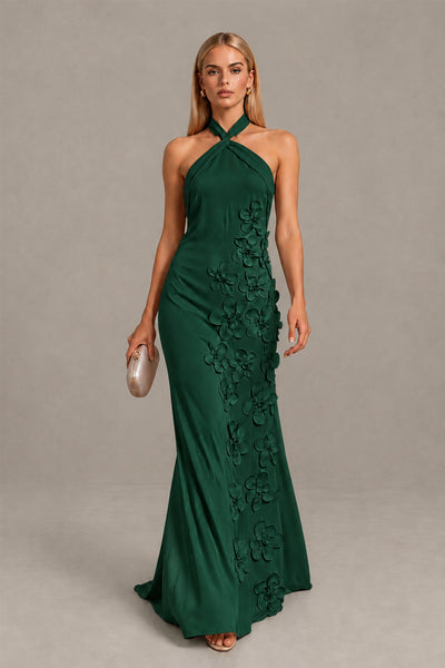 BOLODOO Emerald Green Cross Halter Neck 3D Floral Appliqué Backless Mermaid Maxi Gown 