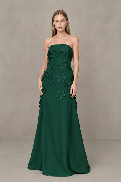 BOLODOO Emerald Green Strapless 3D Floral Appliqué Crepe Maxi Gown 