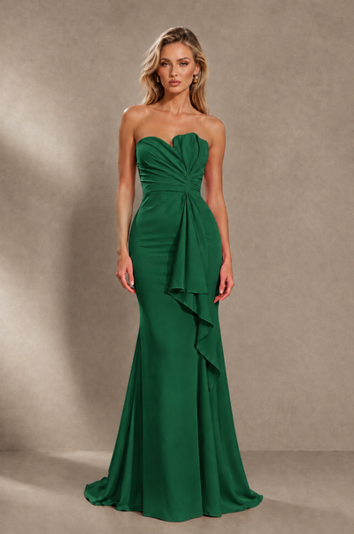 BOLODOO Emerald Green Strapless Sweetheart Ruched Mermaid Gown | Cascade Drape Formal Evening Dress 
