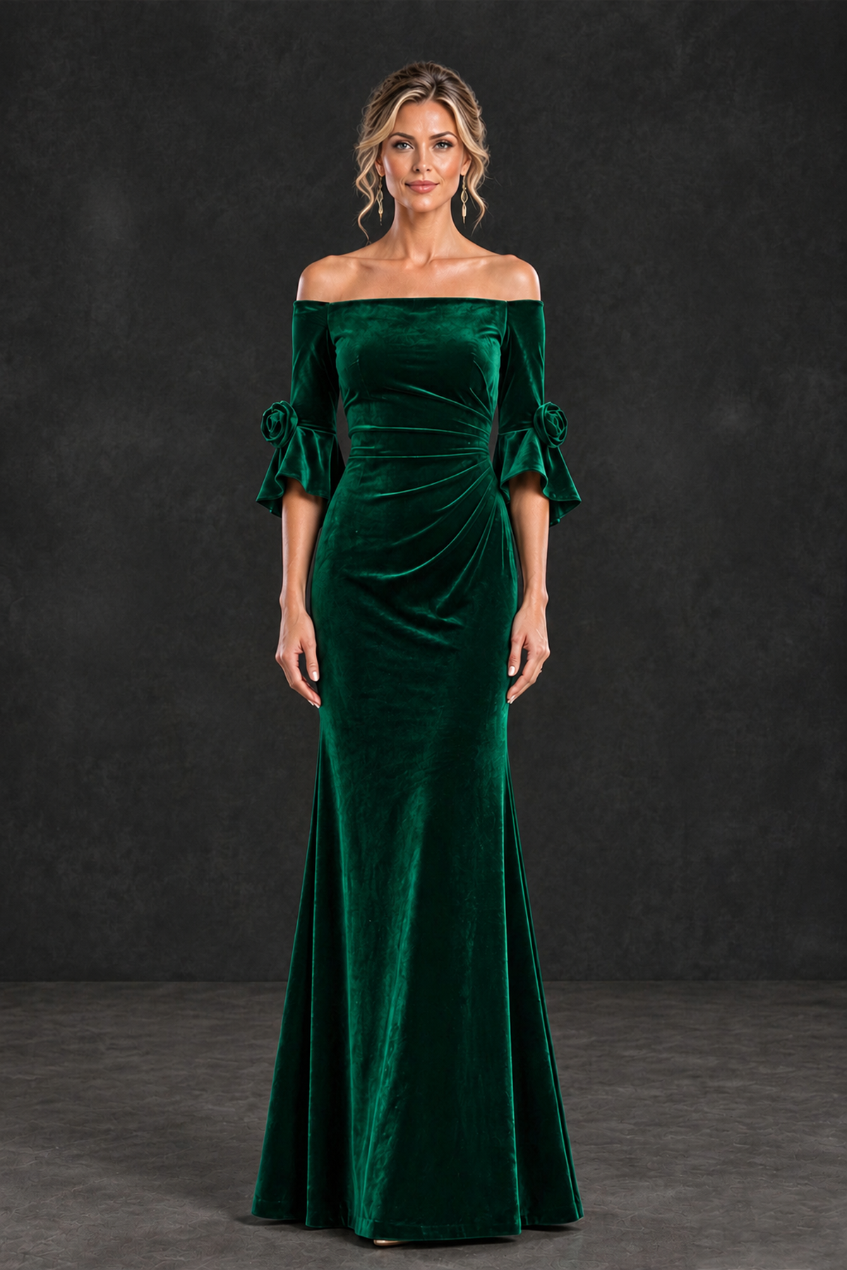 Emerald green velvet off-shoulder mother of the bride dress with 3/4 floral cuff sleeves, front view, BOLODOO