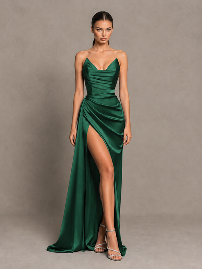BOLODOO Emerald Green Strapless Satin High-Slit Lace-Up Prom Dress 