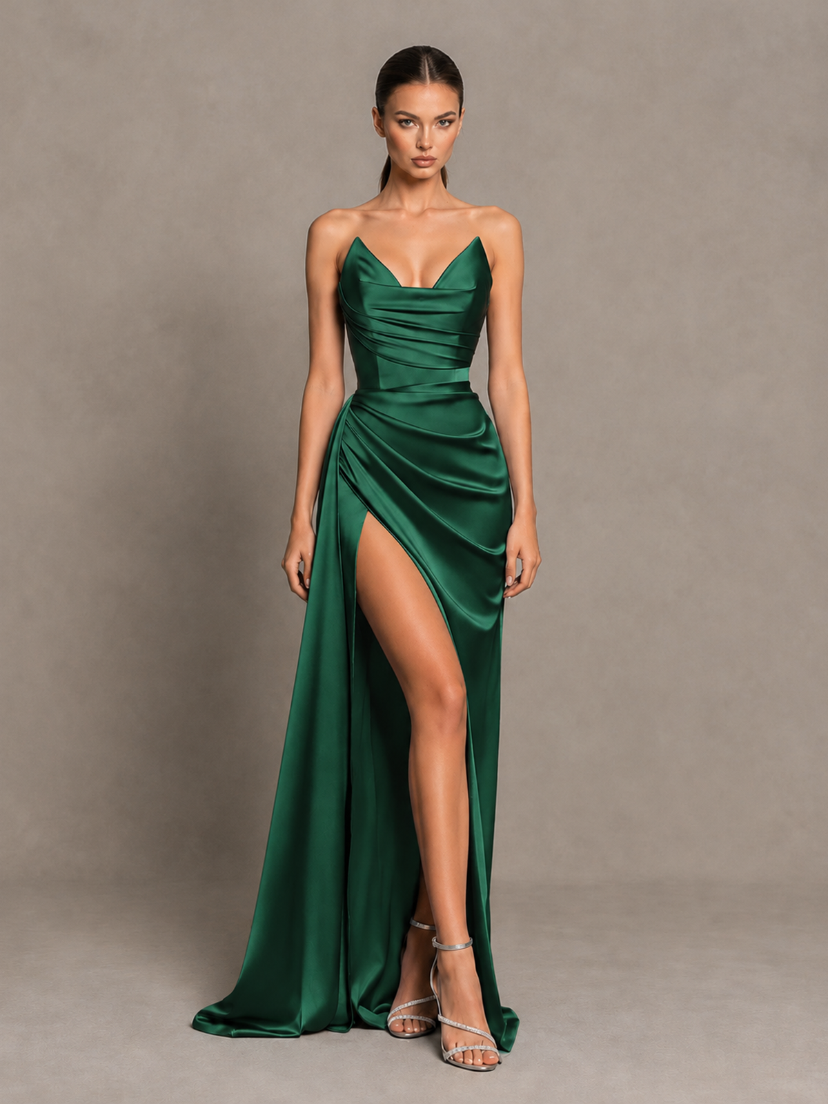 BOLODOO Emerald Green Strapless Satin High-Slit Lace-Up Prom Dress 