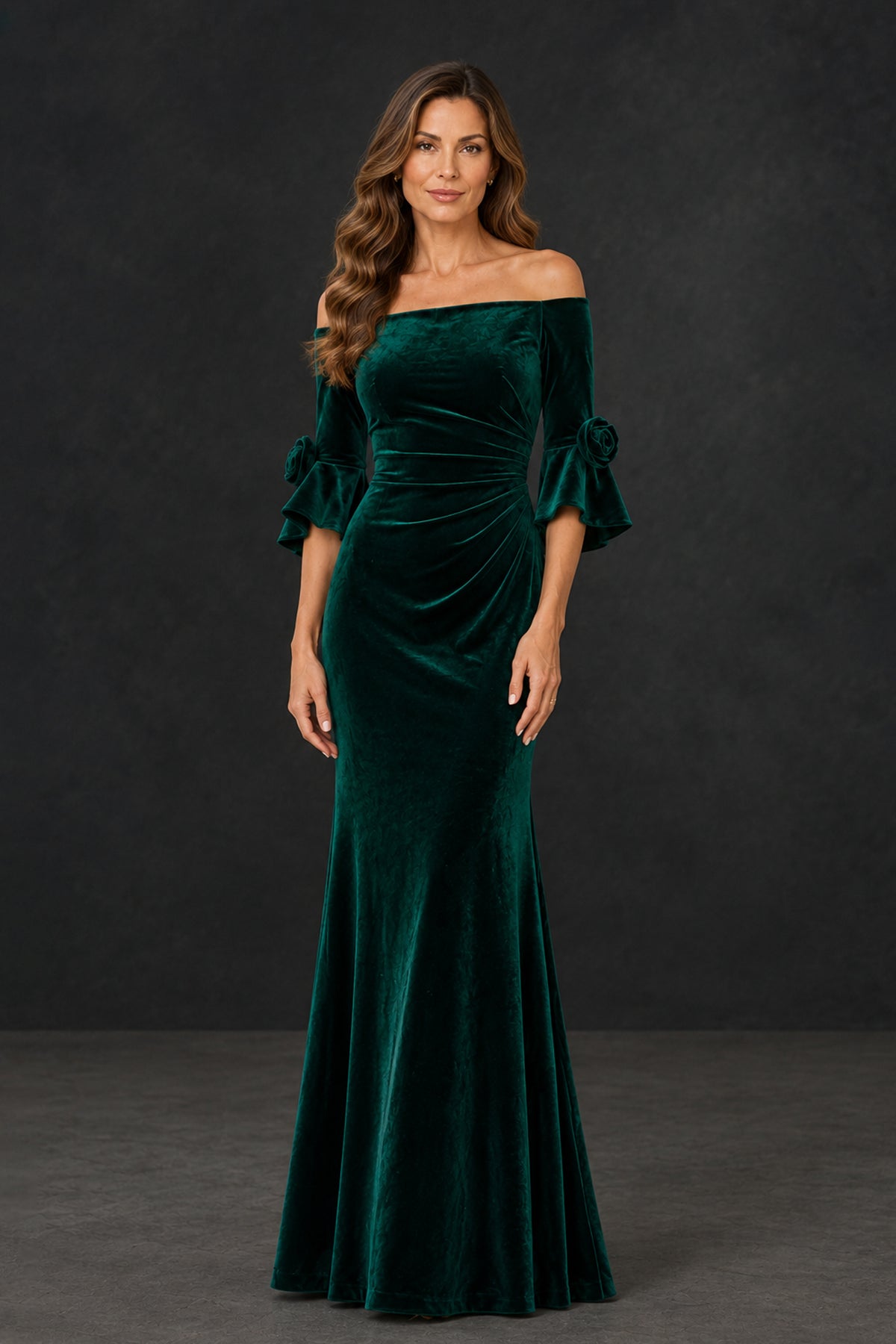 BOLODOO XX080 emerald green formal gown three-quarter view showing ruched waist and flared sleeve cuffs