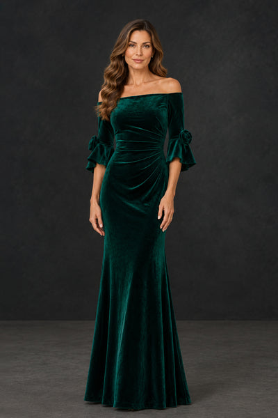 BOLODOO XX080 emerald green formal gown three-quarter view showing ruched waist and flared sleeve cuffs