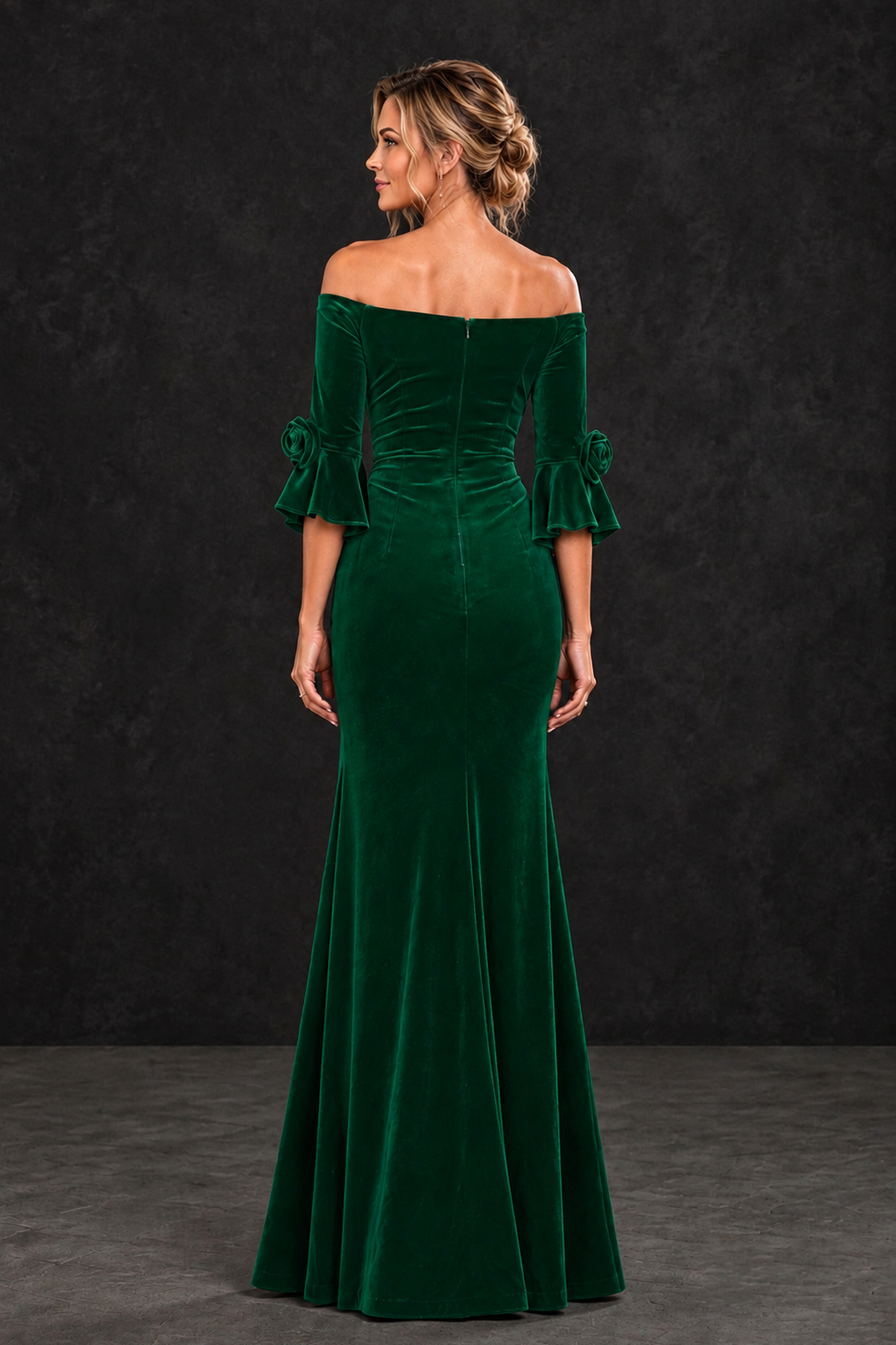 Back view of BOLODOO emerald green velvet mother of the bride dress with covered zip back and 3/4 sleeves