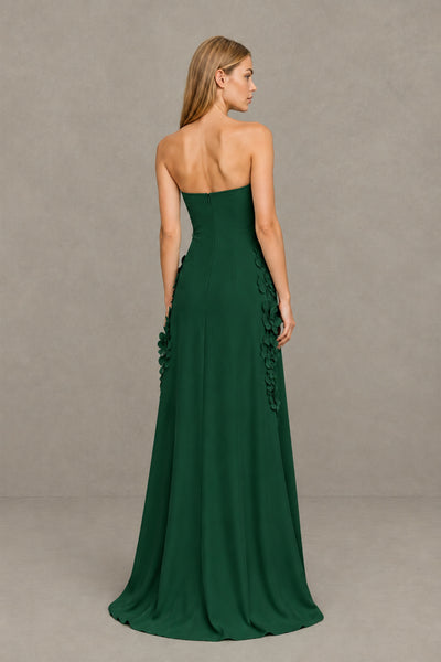 BOLODOO Emerald Green Strapless 3D Floral Appliqué Crepe Maxi Gown 