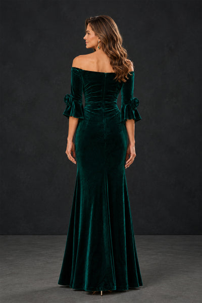 BOLODOO XX080 emerald green velvet mother of the bride dress front view with off-shoulder neckline and rosette sleeves