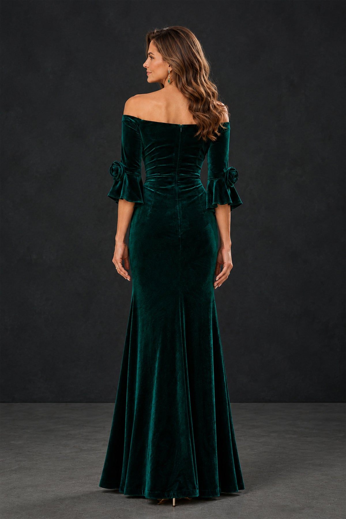 BOLODOO XX080 emerald green velvet mother of the bride dress front view with off-shoulder neckline and rosette sleeves