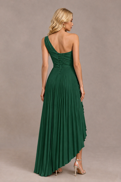 BOLODOO Emerald Green One-Shoulder High-Low Ruffle Maxi Dress 