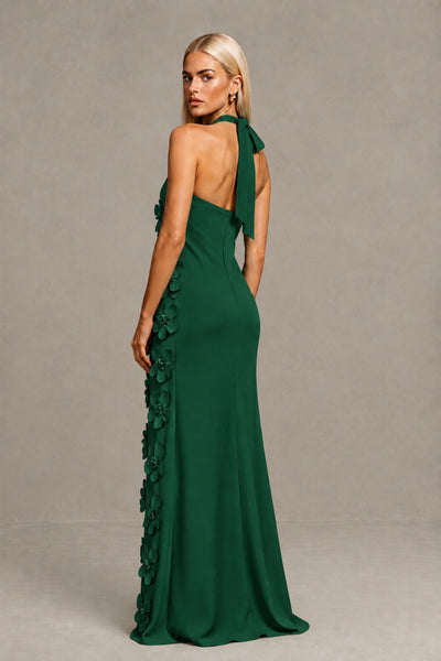 BOLODOO Emerald Green Cross Halter Neck 3D Floral Appliqué Backless Mermaid Maxi Gown 