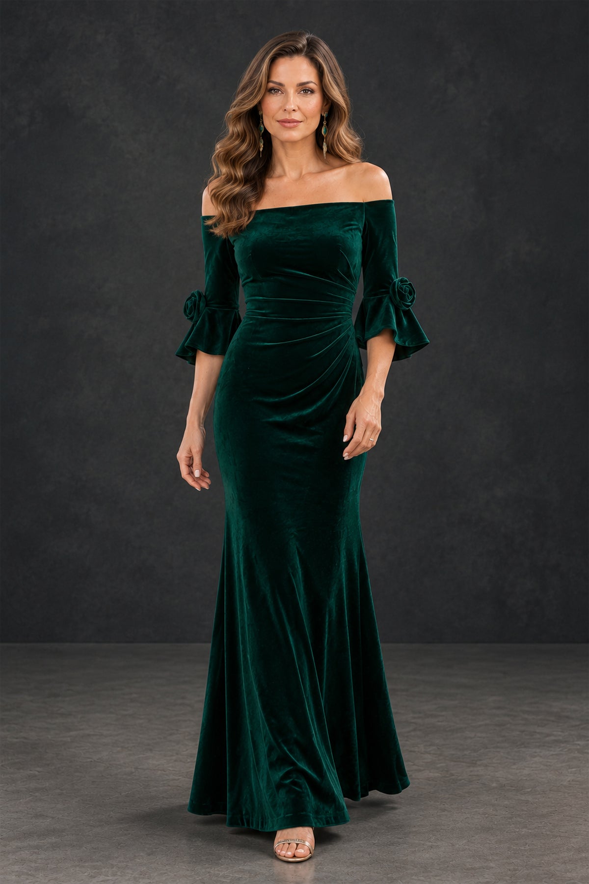 BOLODOO XX080 emerald green off-shoulder velvet-look dress front walking view with floor-length trumpet skirt