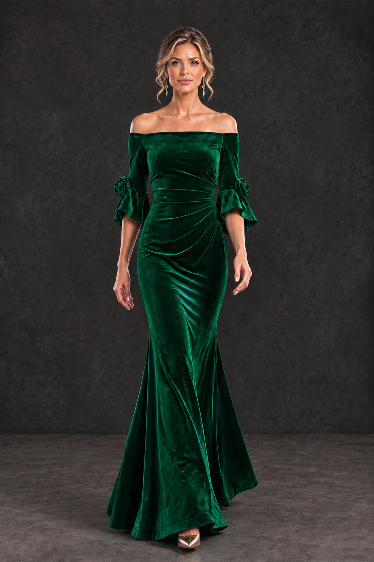 BOLODOO emerald green velvet mermaid evening gown with ruched waist, floor-length front walking view