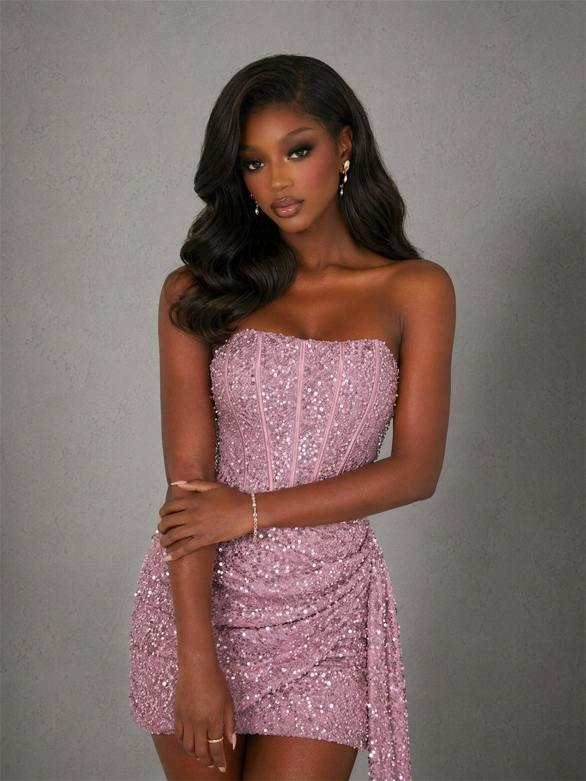 BOLODOO Mauve Pink Sequin Strapless Corset Mini Dress - Front Upper Body Corset Detail
