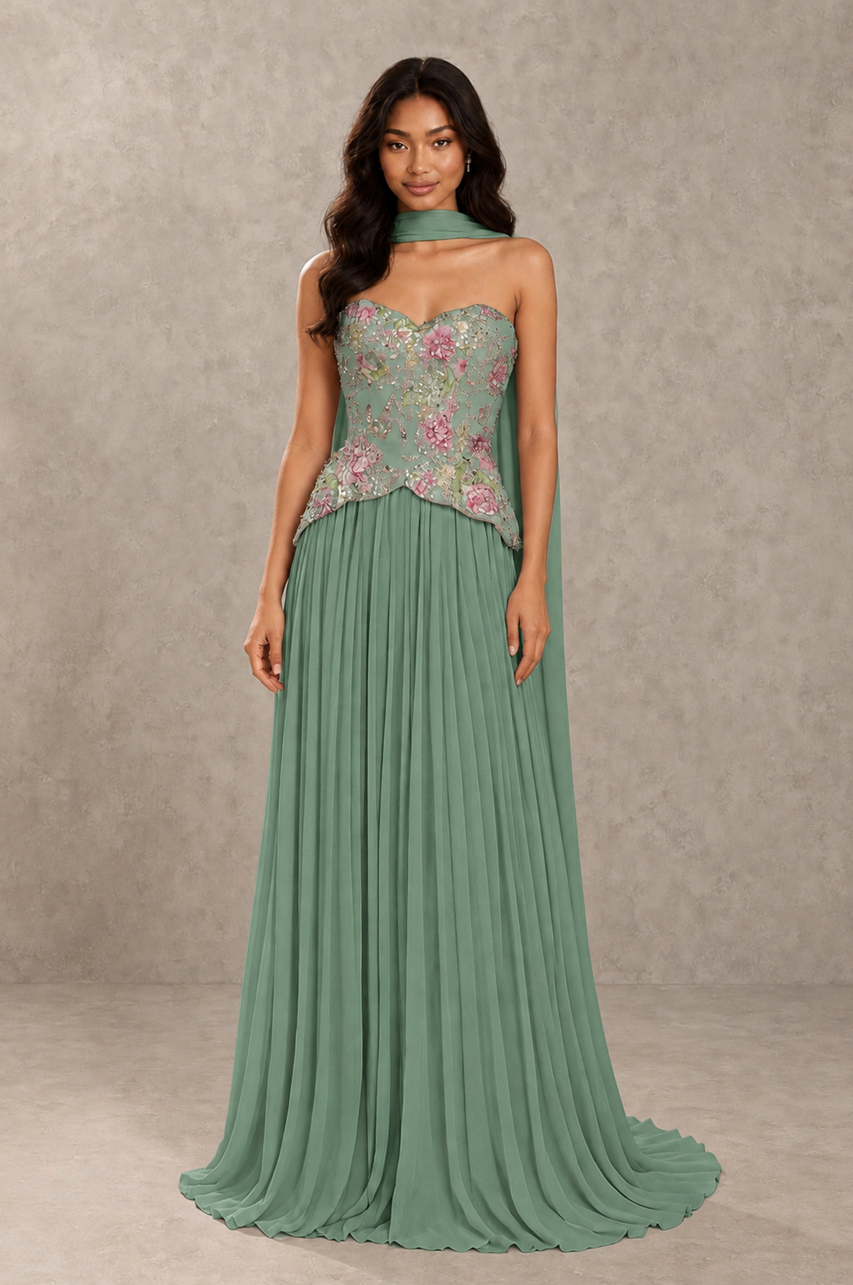 BOLODOO Eucalyptus Strapless Beaded Floral Corset Chiffon Maxi Gown – Open Back Prom & Formal Evening Dress - Eucalyptus - Eucalyptus_01